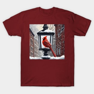 Cardinal Bird Sat On A Snow Covered Street Lantern T-Shirt